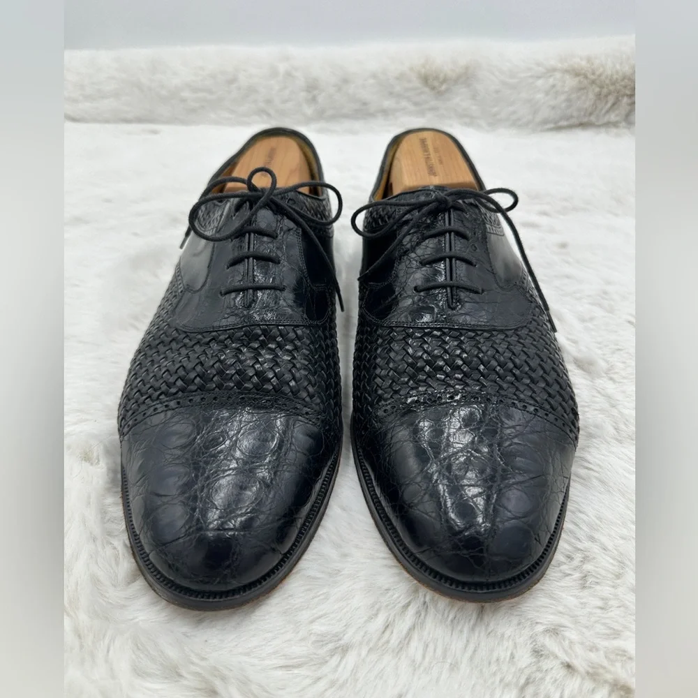 Mezlan Black Acapulco‎ Genuine Crocodile Cap Toe Woven Leather Oxford shoes 10.5